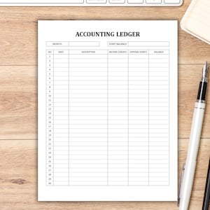 May include: A black and white printable accounting ledger with columns for month, date, description, income, expense, and balance. The ledger has 30 rows for recording transactions.