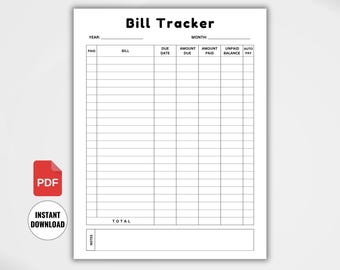 Bill Tracker Printable, Monthly Bill Payment Tracker, Bill Organizer, Expense Tracker, Personal Finance Planner PDF