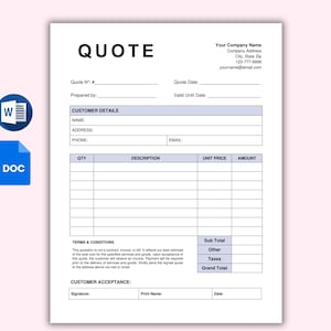 Può includere: Un modulo di preventivo vuoto con campi per i dettagli del cliente, la descrizione dell'articolo, la quantità, il prezzo unitario, l'importo, il totale parziale, altri, tasse e il totale generale. Il modulo include anche sezioni per i termini e condizioni e l'accettazione del cliente.
