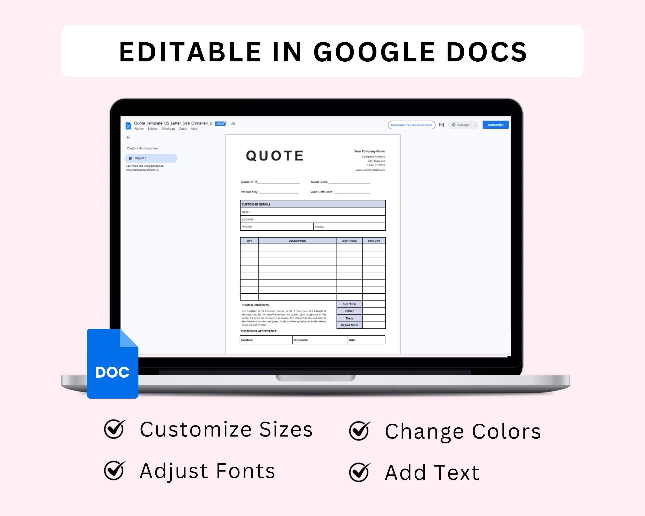 Editable Quote Template. Printable Price Quotation Form. Job Proposal ...