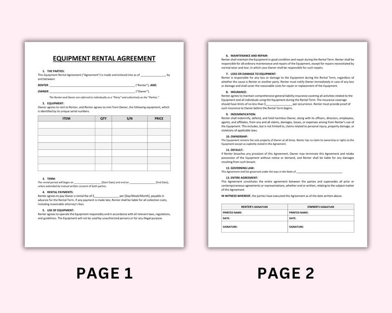 Printable Machine Rental Equipment Rental Agreement Templates Editable. Equipment Rental ...