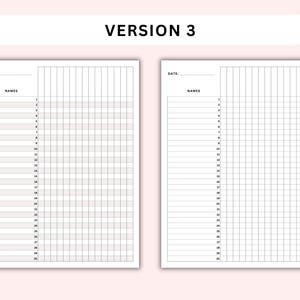 May include: A printable classroom chart with two columns. The left column is labeled "Names" and has 30 blank lines for writing names. The right column has a grid with 30 rows and 15 columns. The chart is labeled "Version 3" at the top.