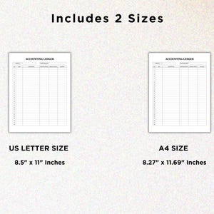 Może przedstawiać: Dwa puste szablony księgowego dziennika, jeden w formacie US Letter (8,5" x 11") i jeden w formacie A4 (8,27" x 11,69").