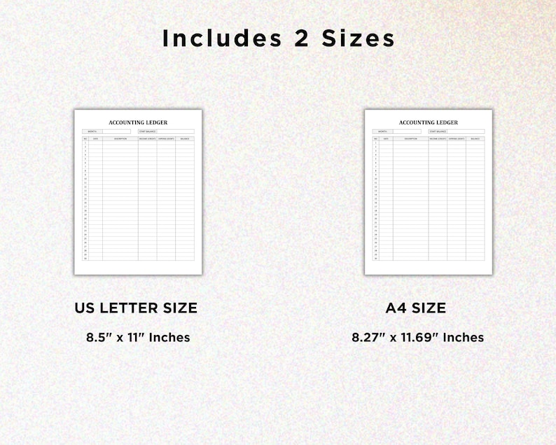 Może przedstawiać: Dwa puste szablony księgowego dziennika, jeden w formacie US Letter (8,5" x 11") i jeden w formacie A4 (8,27" x 11,69").