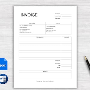 Könnte beinhalten: Eine leere Rechnungsvorlage mit Feldern für Rechnungsnummer, Datum, Fälligkeit, Rechnung von, Rechnung an, Beschreibung, Betrag, Zwischensumme, Rabatt, Steuer, Gesamtbetrag und Notizen. Die Vorlage ist für die Verwendung mit einem Textverarbeitungsprogramm oder einer Tabellenkalkulationssoftware konzipiert.