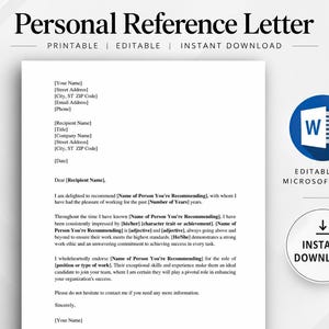 Puede incluir: Una plantilla de carta de referencia personal imprimible y editable con texto negro sobre fondo blanco. El documento incluye marcadores de posición para nombres, direcciones y datos de contacto, con un icono azul de Microsoft Word y una etiqueta de descarga instantánea.
