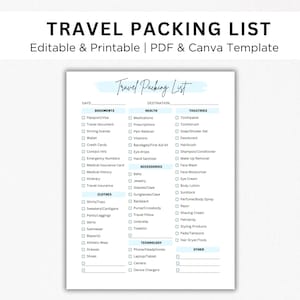 EDITABLE Travel Packing List. Printable Travel Checklist. Travel Planner. Travel Organizer. Travel Vacation Planner for Women. Canva & PDF