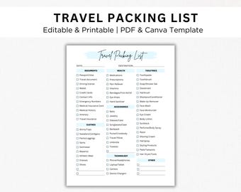 Bearbeitbare Reise Packliste Canva | Printable Urlaubs-Checkliste für Frauen | Urlaub Reise Veranstalter | PDF Gepäckplaner