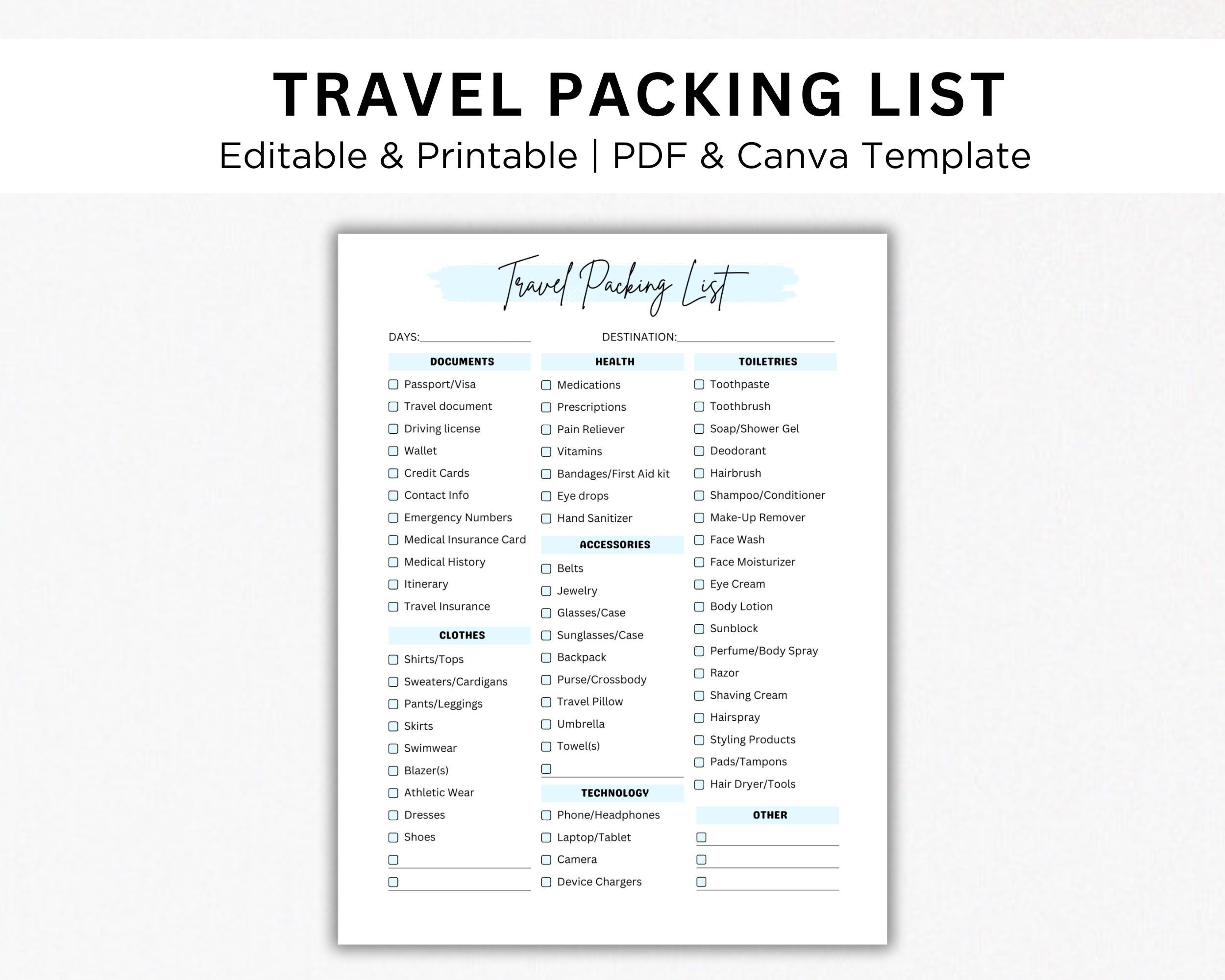 Editable Travel Packing List Canva | Printable Vacation Checklist for ...