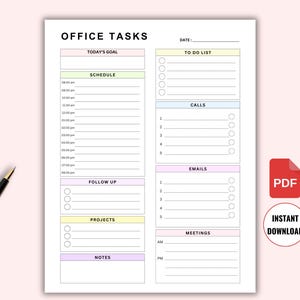 Planificador diario de tareas de oficina / Lista de tareas pendientes / Planificador de productividad / Planificador de jornada laboral / Horario de trabajo diario / Planificador diario por horas (PDF)