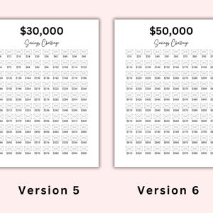 May include: Two printable savings challenge trackers, one for $30,000 and one for $50,000. Each tracker features a grid of 100 envelopes, with numbers corresponding to the amount to be saved in each envelope.