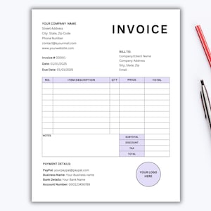 May include: A blank invoice template with fields for company name, address, invoice number, date, due date, item description, quantity, price, total, subtotal, discount, tax, and payment details. The template also includes a space for a logo.