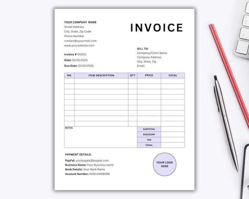 May include: A blank invoice template with fields for company name, address, invoice number, date, due date, item description, quantity, price, total, subtotal, discount, tax, and payment details. The template also includes a space for a logo.