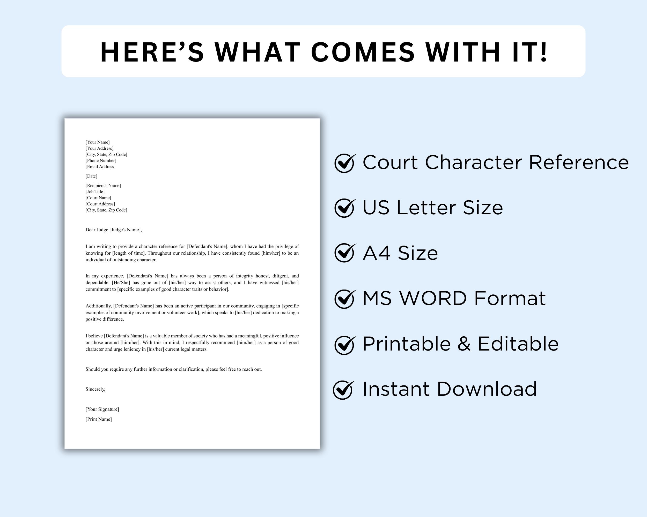 Editable Court Character Reference Letter Template, Legal Reference ...