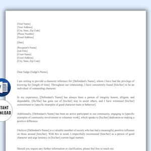 Plantilla de carta de referencia de carácter judicial editable en Word. Carta de referencia de carácter judicial para el tribunal. Carta de carácter para un juez.