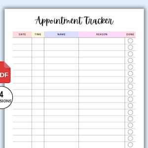 May include: A printable appointment tracker with columns for date, time, name, reason, and a done checkbox. The tracker has a pastel color scheme with pink, yellow, and blue.