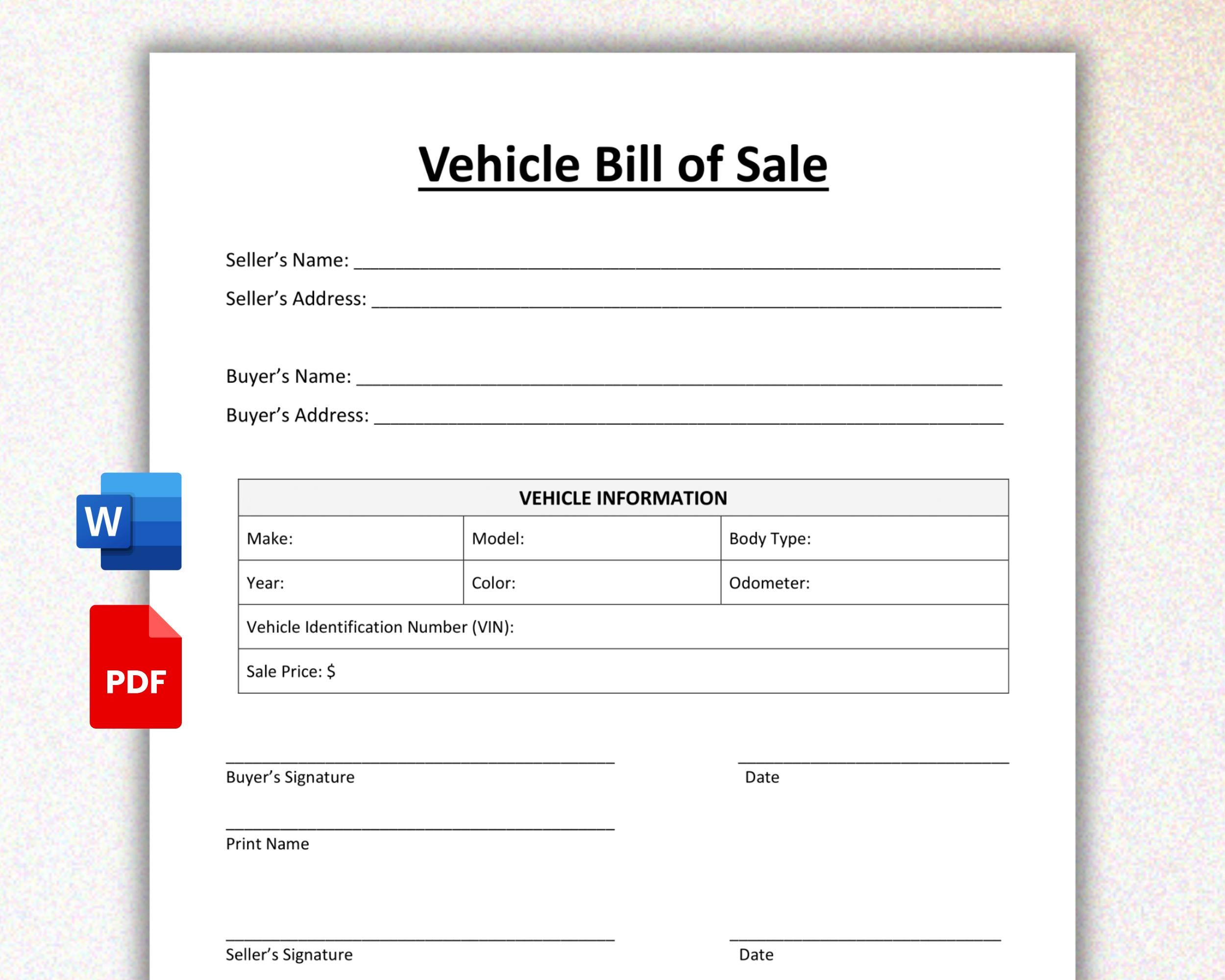 Vehicle Bill of Sale. Car Sale Form. Truck for Sale. Automotive for