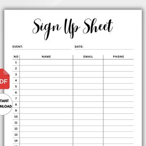 Event Sign Up Sheet. Sign Up Form. Sign Up Template. Party Sign Up List. Open House Sign In Sheet. Real Estate Agent. Instant Download PDF