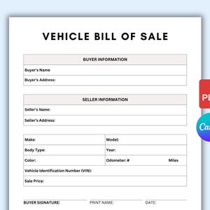 Puede incluir: Un formulario de venta de vehículo en blanco con campos para la información del comprador y del vendedor, los detalles del vehículo y las firmas. El formulario incluye campos para el nombre del comprador, la dirección, el nombre del vendedor, la dirección, la marca, el modelo, el año, el tipo de carrocería, el color, el número de identificación del vehículo (VIN), el kilometraje, el precio de venta, la firma del comprador, el nombre impreso y la fecha.