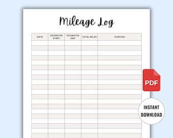 Mileage Log Printable PDF, Business Mileage Tracker, Vehicle Miles Travelled Log, Car Mileage A4 Letter