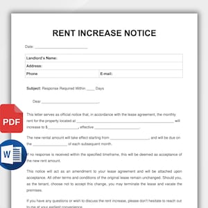 Aviso de aumento de alquiler imprimible. Formulario de aumento de alquiler. Carta de aumento de alquiler. Aviso de alquiler editable. Formulario de aviso de aumento de alquiler para inquilinos en Word