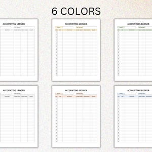 May include: Six printable accounting ledger templates in different colors. Each template has columns for date, description, debit, credit, and balance.