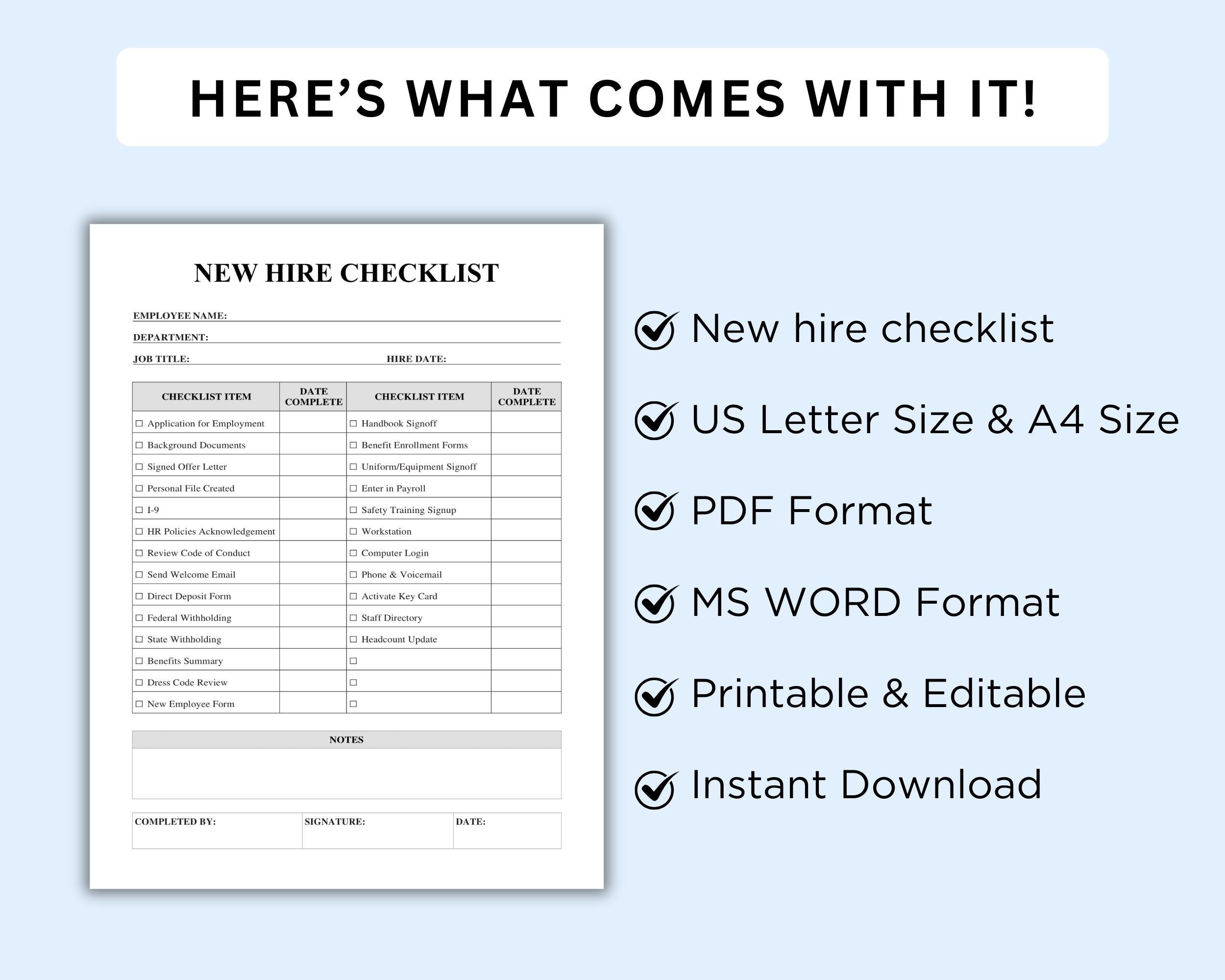 New Hire Checklist Template Printable, HR Onboarding Forms, Employee ...
