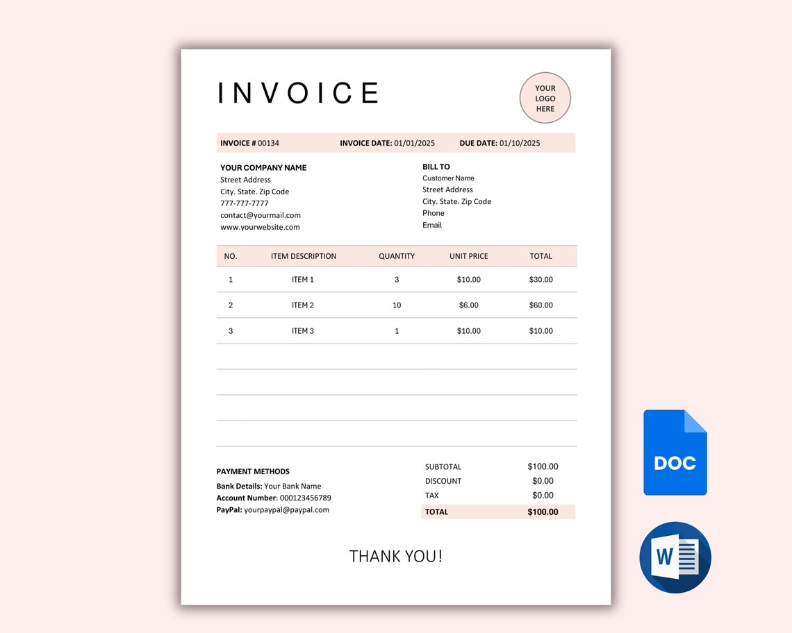 Editable Invoice Template, Business Billing Form, Custom Invoice Sheet ...