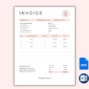 May include: A simple, minimalist invoice template with a pink and white color scheme. The template includes sections for invoice number, invoice date, due date, billing information, item description, quantity, unit price, total, payment methods, subtotal, discount, tax, and total. The template also includes a thank you message.