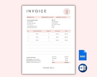 Editable Invoice Template, Business Billing Form, Custom Invoice Sheet, Printable Invoice Form, Word & Google Docs