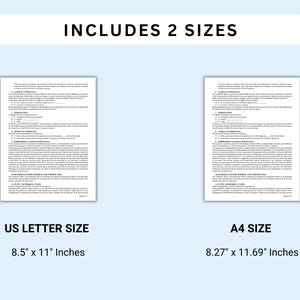 K&ouml;nnte beinhalten: Zwei Dokumentausdrucke auf hellblauem Hintergrund. Der Text "INCLUDES 2 SIZES" steht oben. Das US Letter-Format ist 21,59 x 27,94 cm, und das A4-Format ist 21 x 29,7 cm. Die Dokumente enthalten Text.