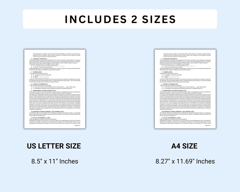 K&ouml;nnte beinhalten: Zwei Dokumentausdrucke auf hellblauem Hintergrund. Der Text "INCLUDES 2 SIZES" steht oben. Das US Letter-Format ist 21,59 x 27,94 cm, und das A4-Format ist 21 x 29,7 cm. Die Dokumente enthalten Text.
