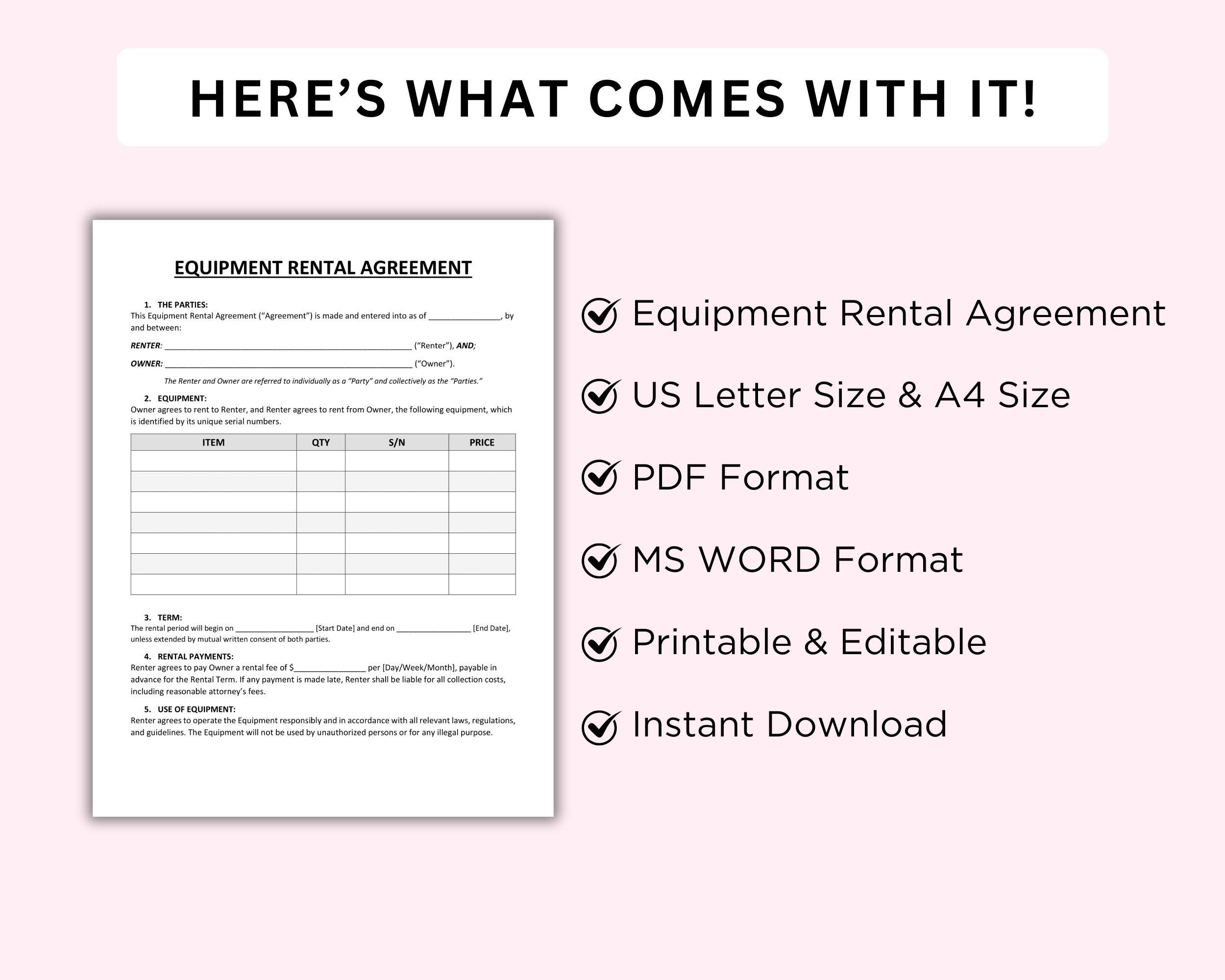Equipment Rental Agreement Templates Editable. Equipment Rental ...