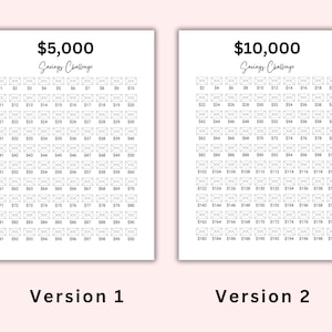 May include: A printable savings challenge tracker with two versions. The first version is for saving $5,000 and the second version is for saving $10,000. Each version has a grid of 100 envelopes, numbered 1 to 100.