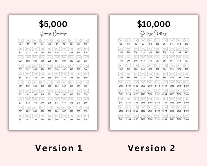 May include: A printable savings challenge tracker with two versions. The first version is for saving $5,000 and the second version is for saving $10,000. Each version has a grid of 100 envelopes, numbered 1 to 100.