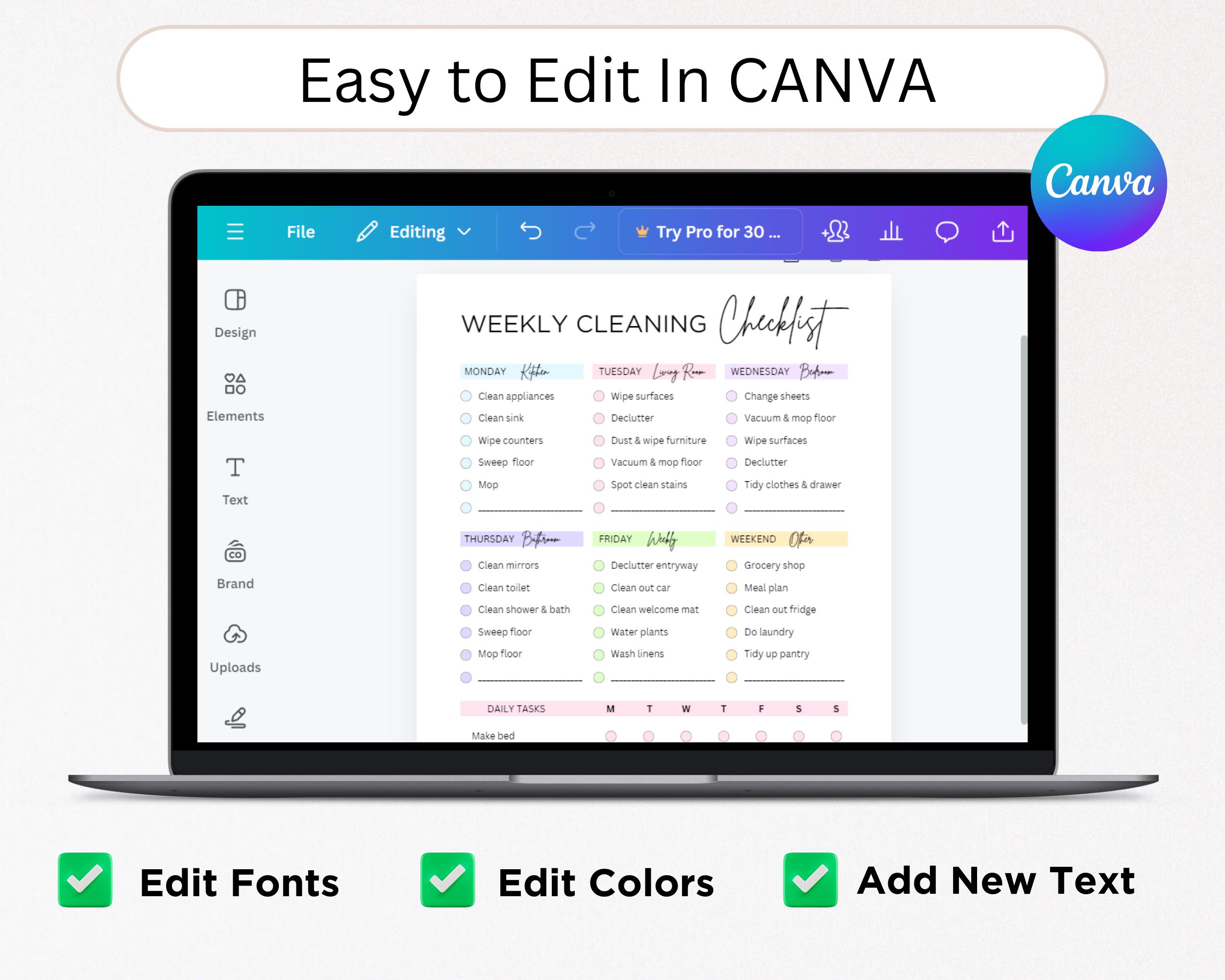 Editable Weekly Cleaning Checklist Canva | Printable House Chore ...
