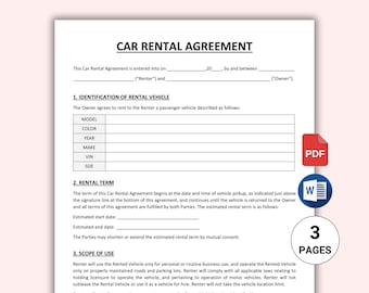 Editable Car Rental Contract Template. Car Rental Agreement Form. Auto Rental. Printable Vehicle Lease Contract. Instant Download Word & PDF