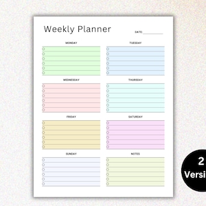 May include: A printable weekly planner with a simple design. The planner is divided into seven sections for each day of the week, with space for notes. The days of the week are labeled in a light blue font. The planner is printed on white paper.