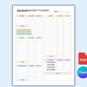 50/30/20 Budget Planner | Monthly Budget Worksheet | Printable Budget Overview PDF | Finance Tracker | Digital Budgeting Template CANVA