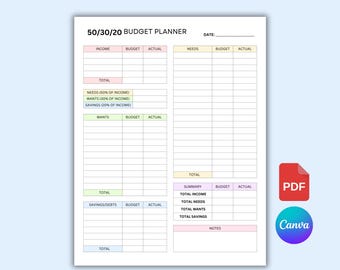 Budgetplanner (50/50/20) Canva | Maandelijks en wekelijks salarisbudget | Bewerkbare financiële tracker | Afdrukbare pdf digitale download