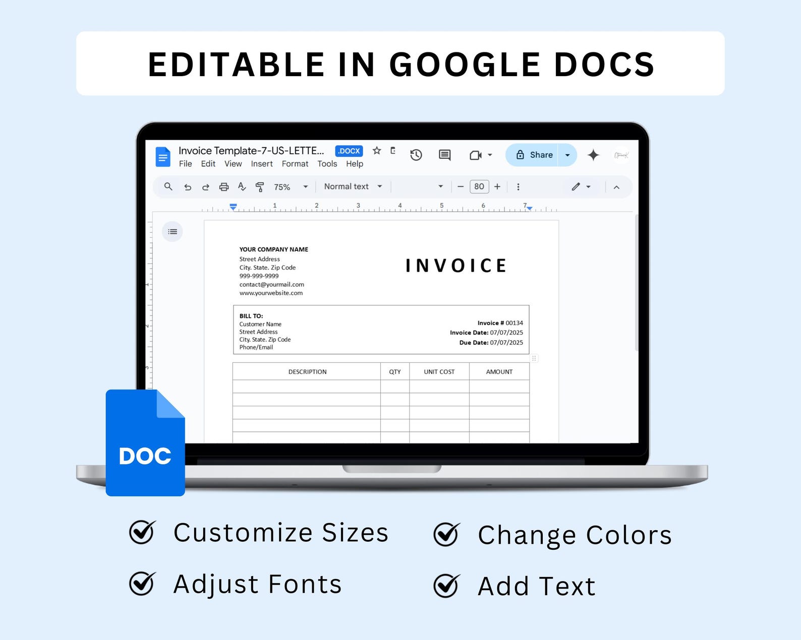 Editable Invoice Template Word & Google Docs | Professional Business ...