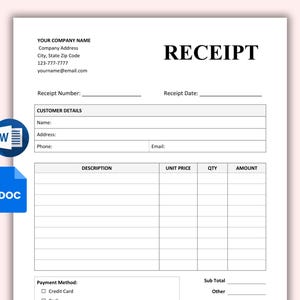 Editable Receipt Template. Printable Billing Template. Small Business Digital Receipt Form. Customer Receipt Sales Receipt Word, Google Docs