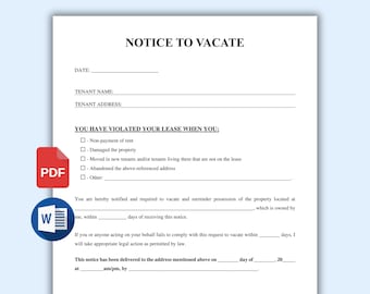 Printable Eviction Notice Template. Notice to Vacate Letter. Lease termination form. Landlord Notice To Vacate To Tenant. Editable Word. PDF