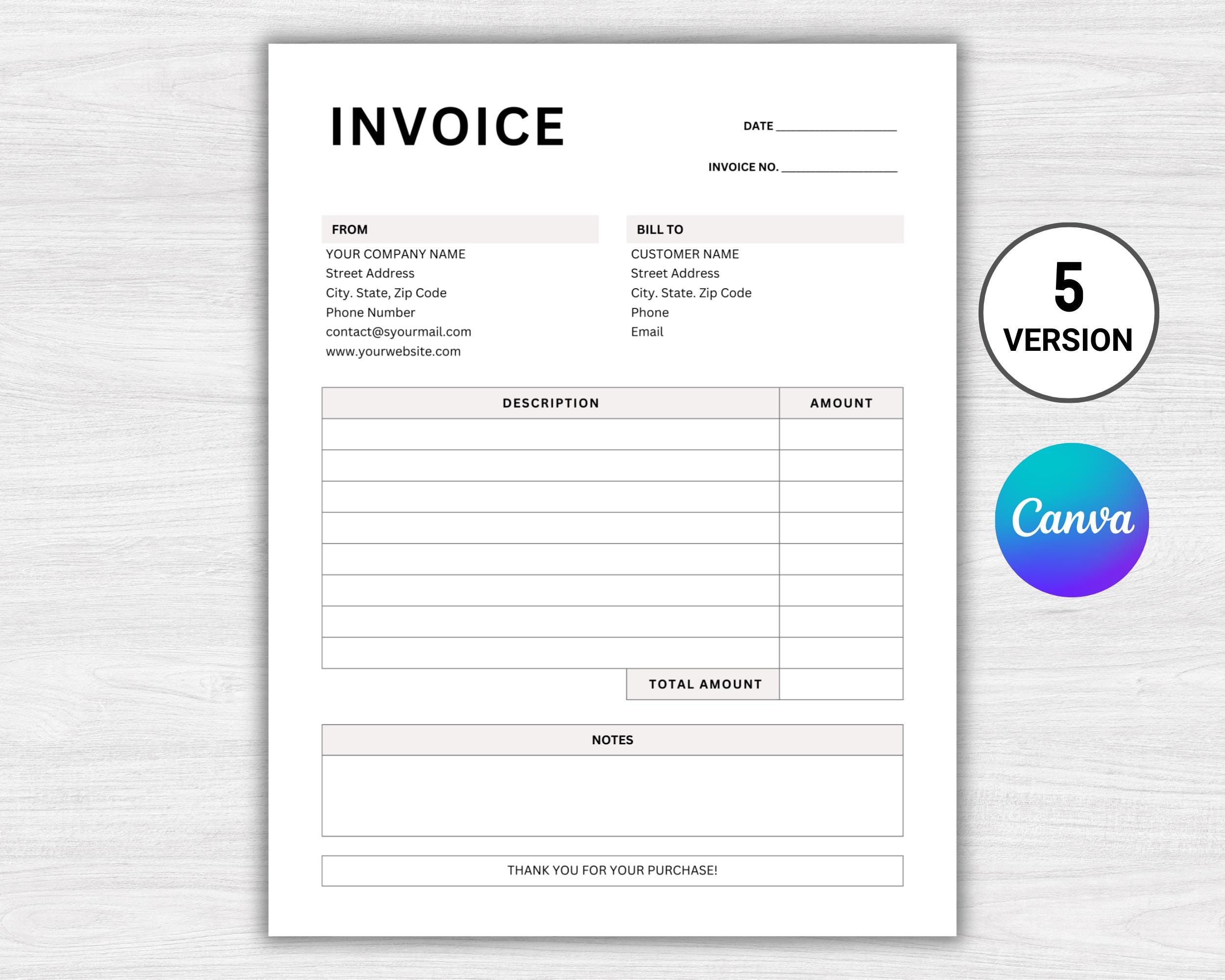 Editable Invoice Template: Printable Canva Invoice (A4 & US Letter) - Etsy