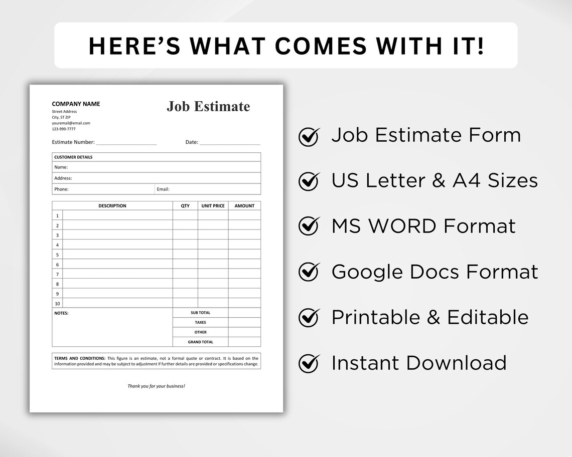 Job Estimate Template Printable | Editable Work Estimate Form ...