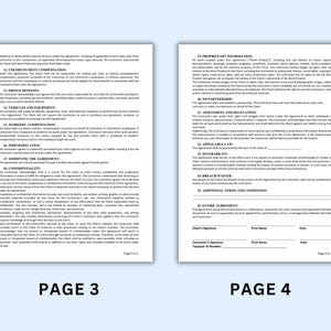 K&ouml;nnte beinhalten: Zwei Seiten eines Vertragsdokuments, beschriftet mit "Seite 3" und "Seite 4". Die Seiten sind wei&szlig; mit schwarzem Text und enthalten nummerierte Abschnitte und &Uuml;berschriften wie "Arbeitslosenentsch&auml;digung" und "Eigentumsrechtliche Informationen". Das Dokument enth&auml;lt Unterschriftenzeilen.