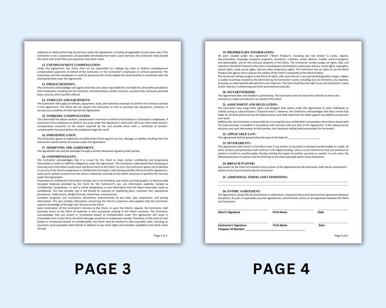 K&ouml;nnte beinhalten: Zwei Seiten eines Vertragsdokuments, beschriftet mit "Seite 3" und "Seite 4". Die Seiten sind wei&szlig; mit schwarzem Text und enthalten nummerierte Abschnitte und &Uuml;berschriften wie "Arbeitslosenentsch&auml;digung" und "Eigentumsrechtliche Informationen". Das Dokument enth&auml;lt Unterschriftenzeilen.