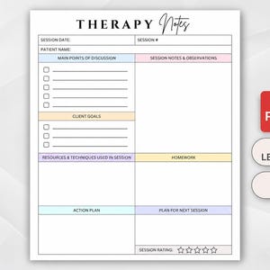 Könnte beinhalten: Eine druckbare Vorlage für Therapiemotizen mit Abschnitten für Datum, Patientennamen, Diskussionsthemen, Ziele, Notizen, Ressourcen, Hausaufgaben, Aktionsplan und den Plan für die nächste Sitzung sowie einer Bewertungsskala mit fünf Sternen.