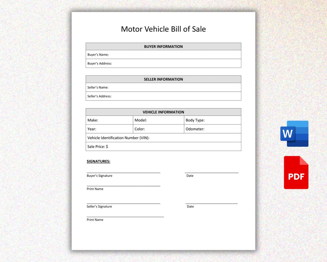 Motor Vehicle Bill of Sale, Printable Car Sale Agreement and Auto ...