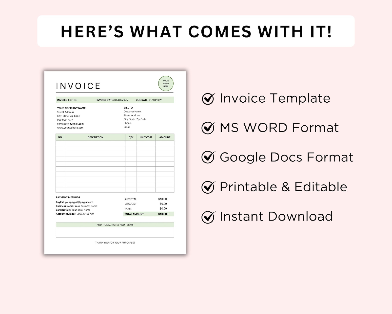 Editable Invoice Template Word & Google Docs. Printable Billing ...